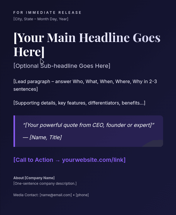 Sample template structure for an e-commerce product launch press release, detailing headline, quote, and CTA sections.