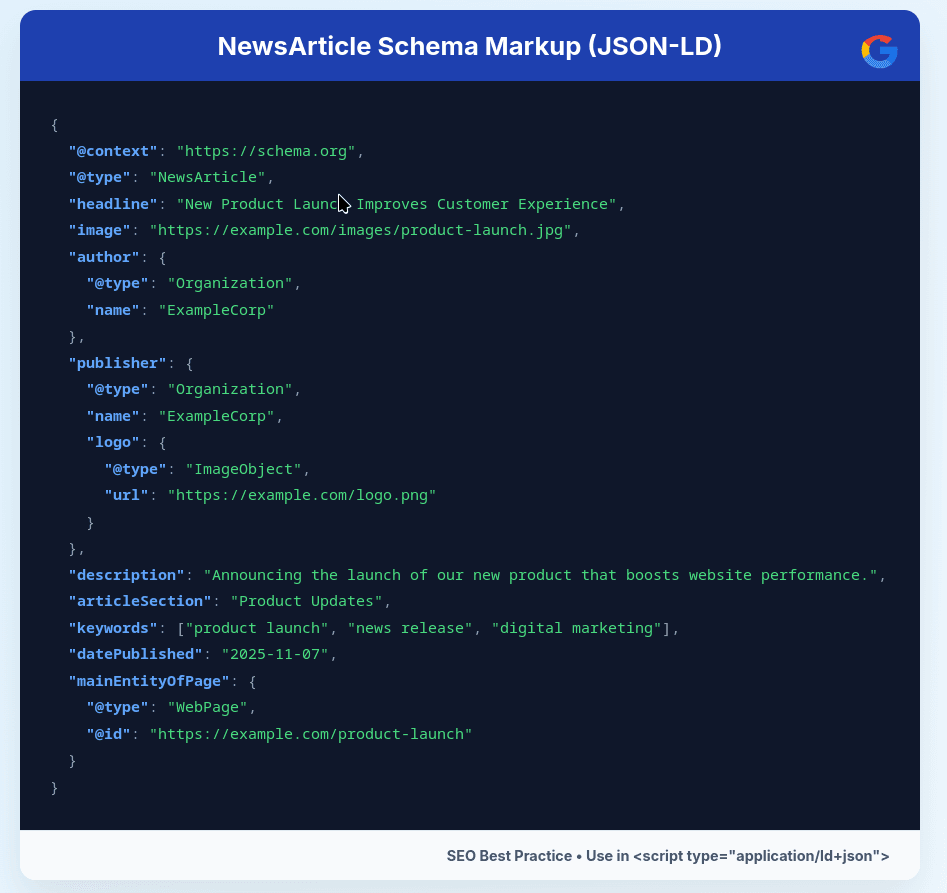 JSON-LD NewsArticle schema markup with headline, publisher, and description for SEO.
